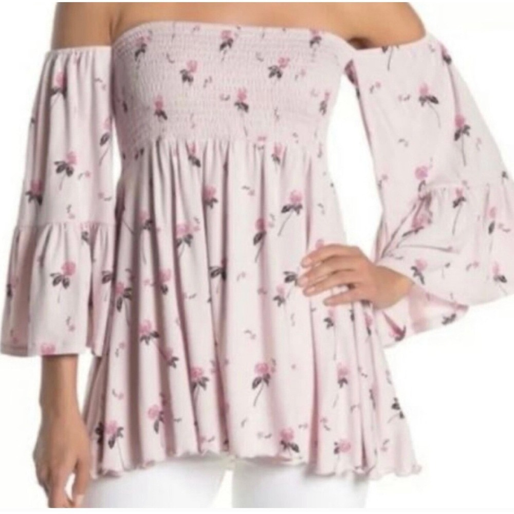 Nwot Free‎ People Pink Floral Smocked Off Shoulder Bell Sleeve Tunic Top M